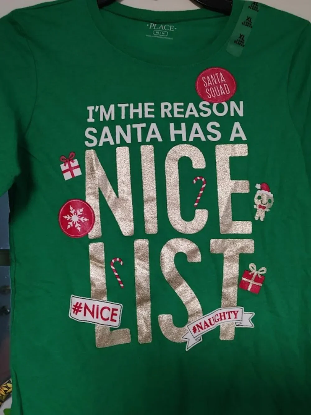 New The Children's Place Green Santa Nice List Long Sleeve Shirt Girl's XL 14